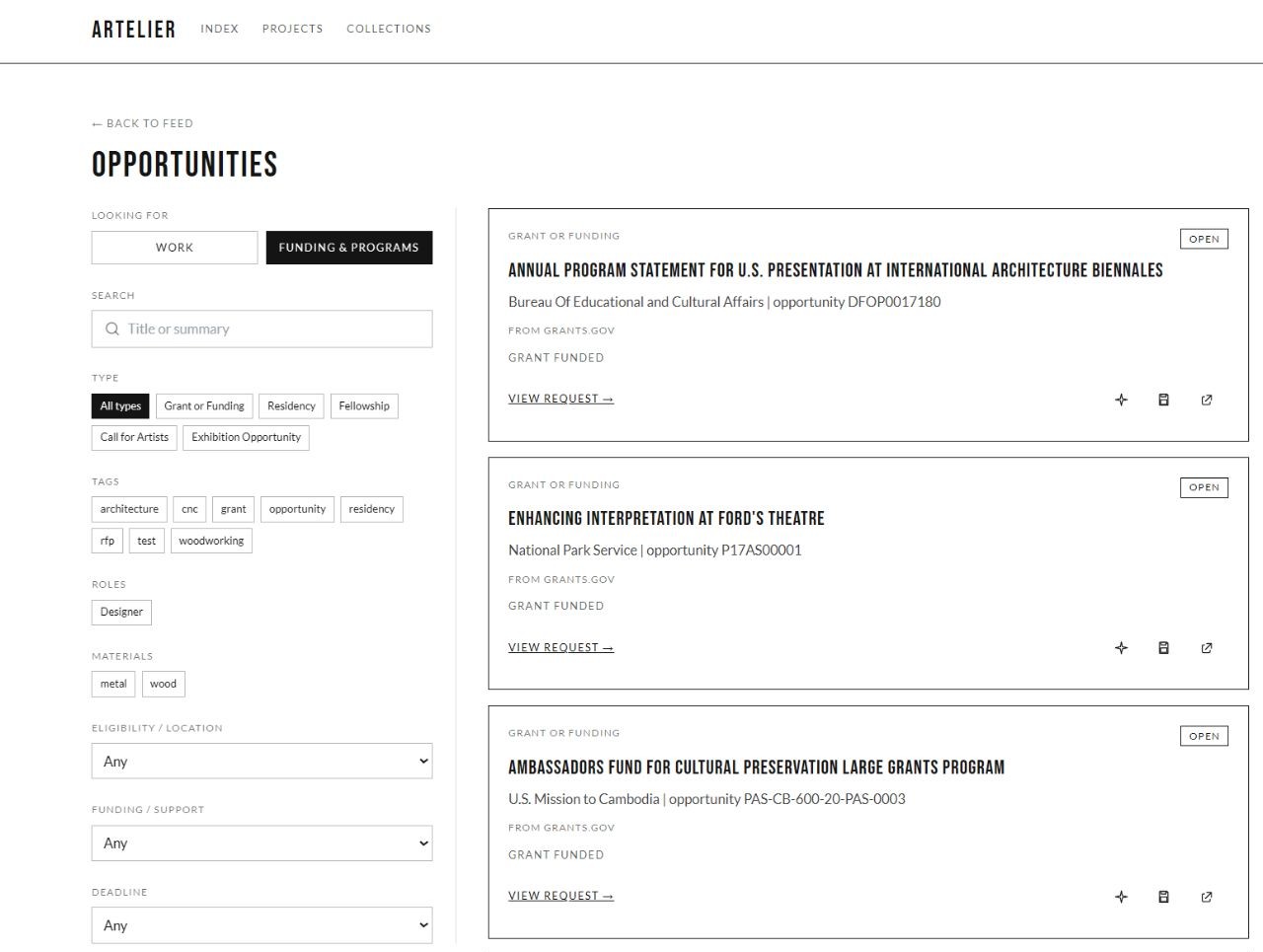 Artelier: Connect discovery to opportunity — browsing public grants and residencies