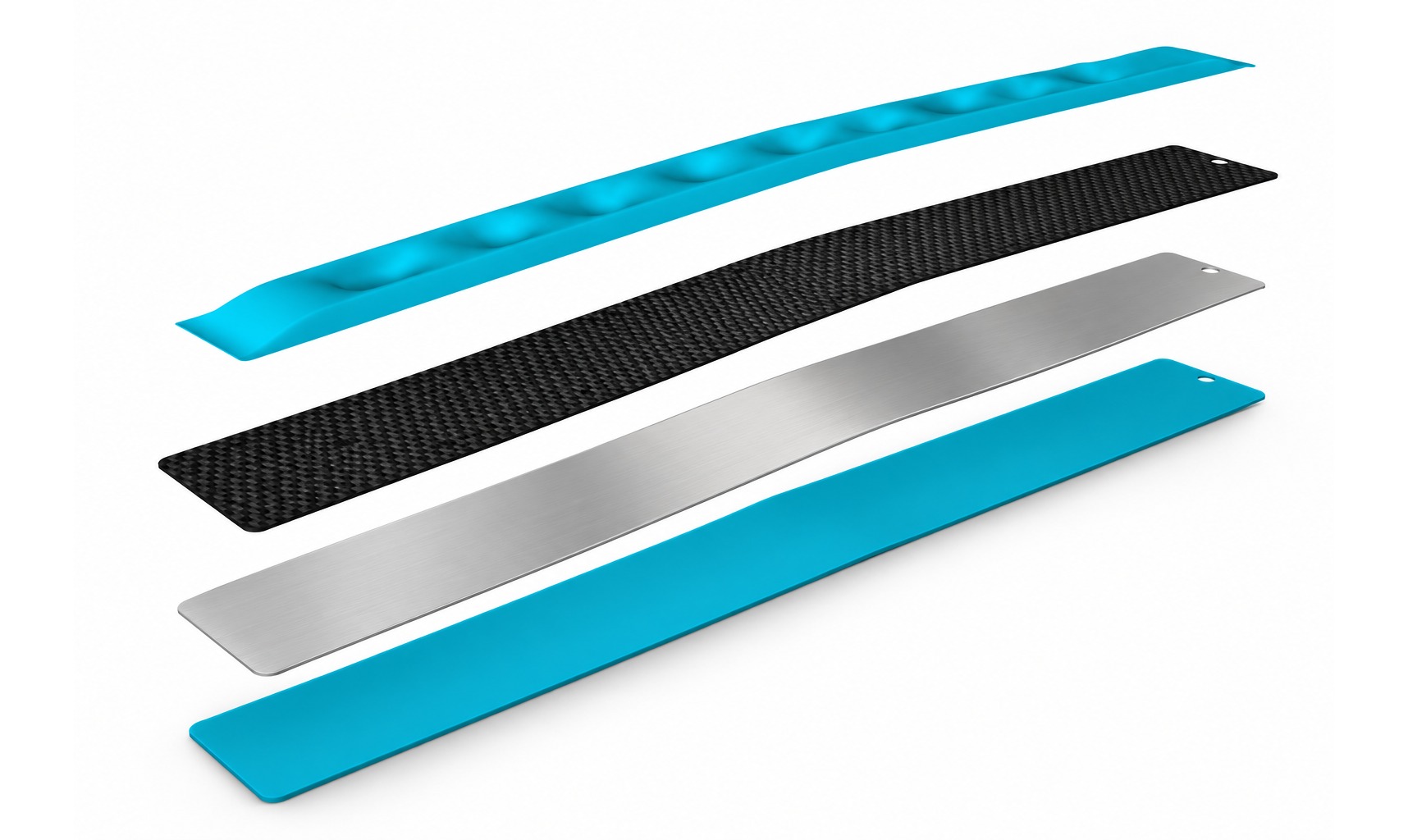 Kiwi Edge: Exploded assembly — moulded teal grip strip with finger dimples, carbon-fiber layer, brushed-steel layer, and teal base plate, each with a hanging hole