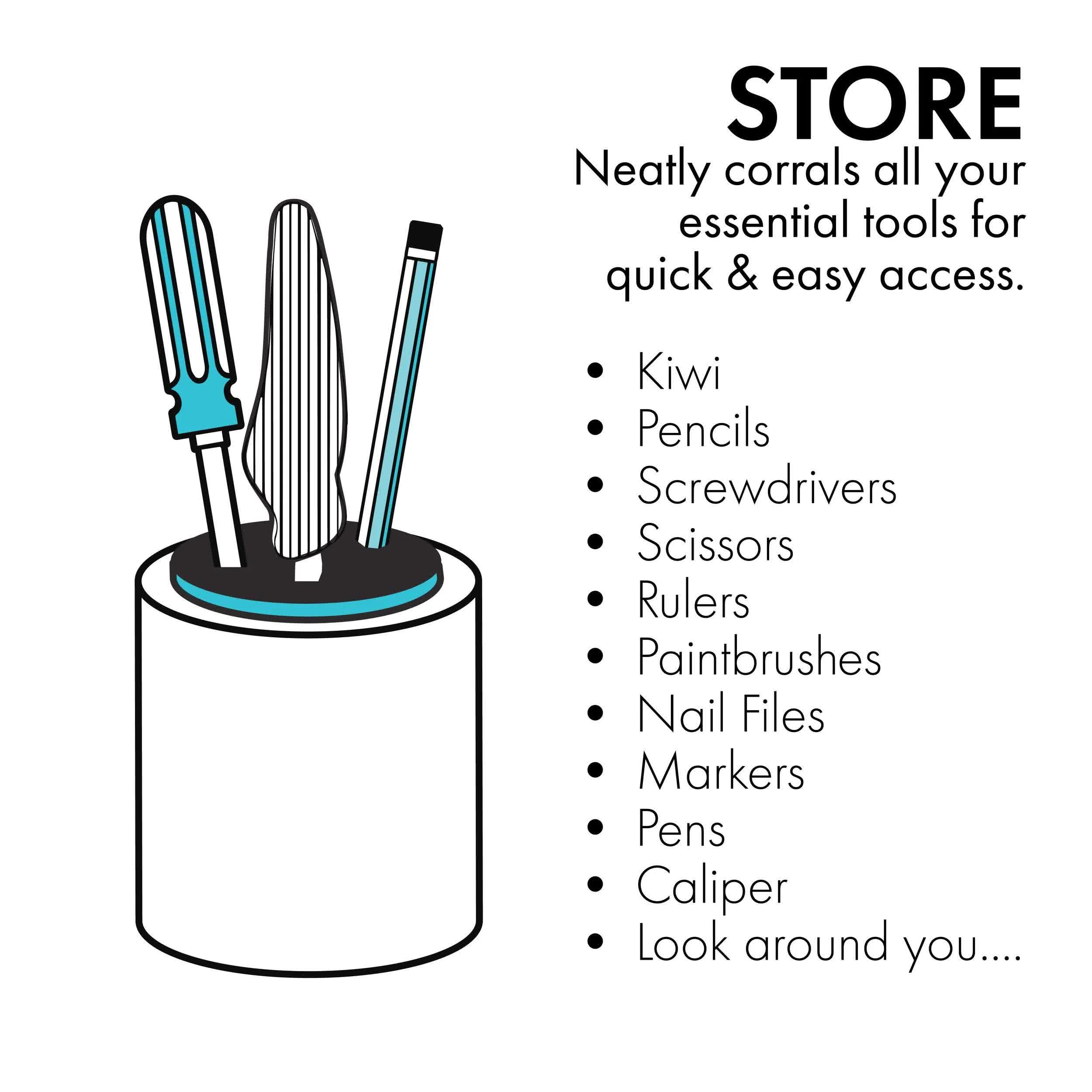 Kiwi Nest: Store — feature diagram, the bristle top corrals everyday tools for quick access