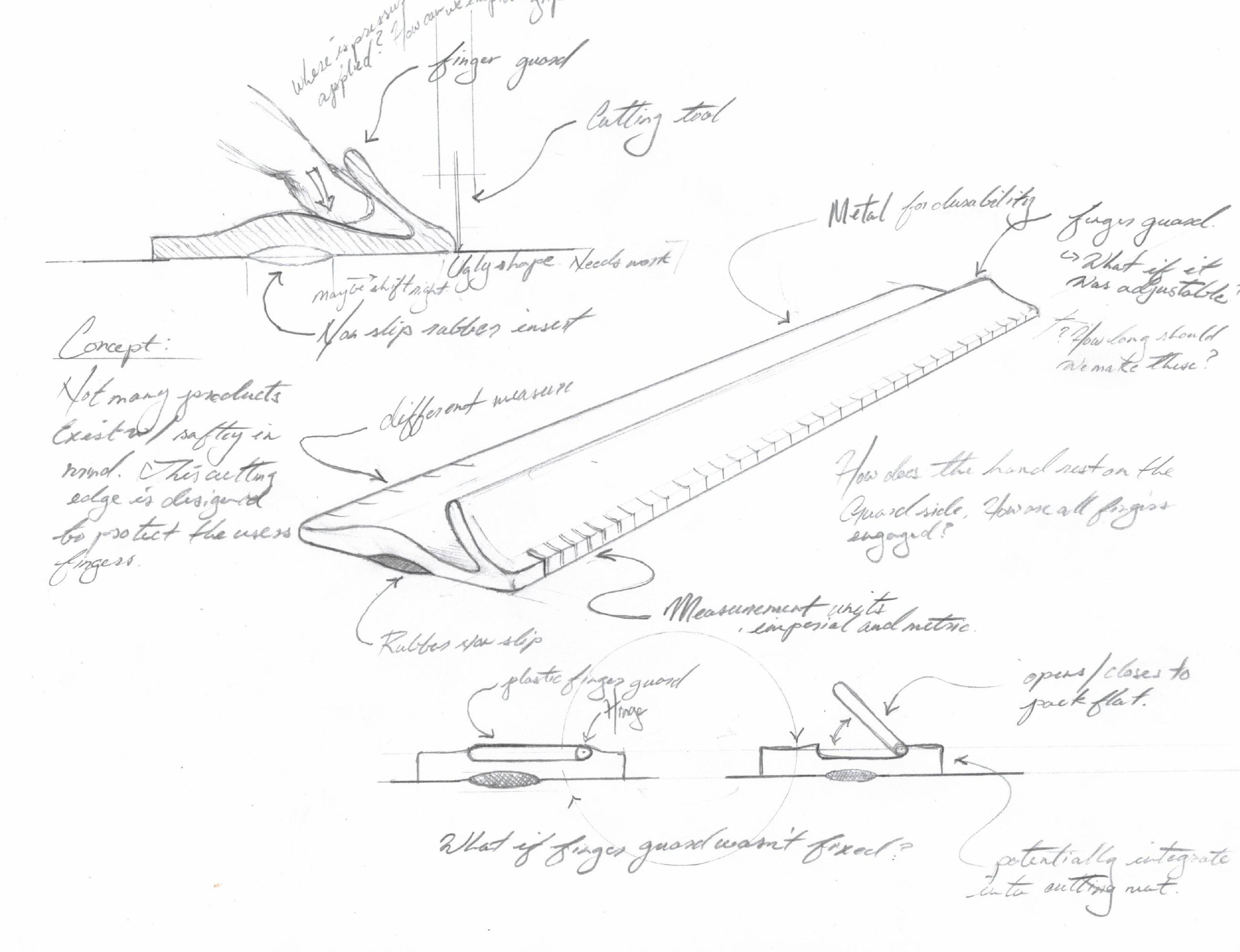 Kiwi Edge: Early concept sketch — finger guards, non-slip inserts, and cutting-mat integration
