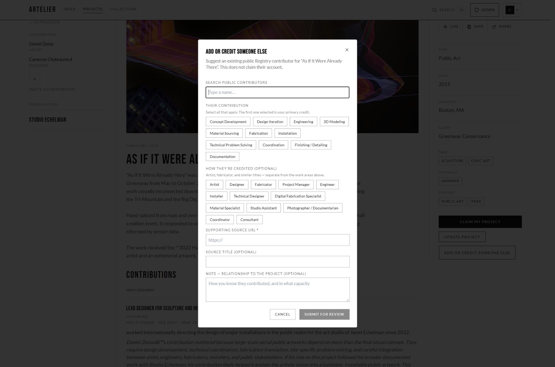 Artelier: Credit needs support — the contribution form asks for a supporting source before review