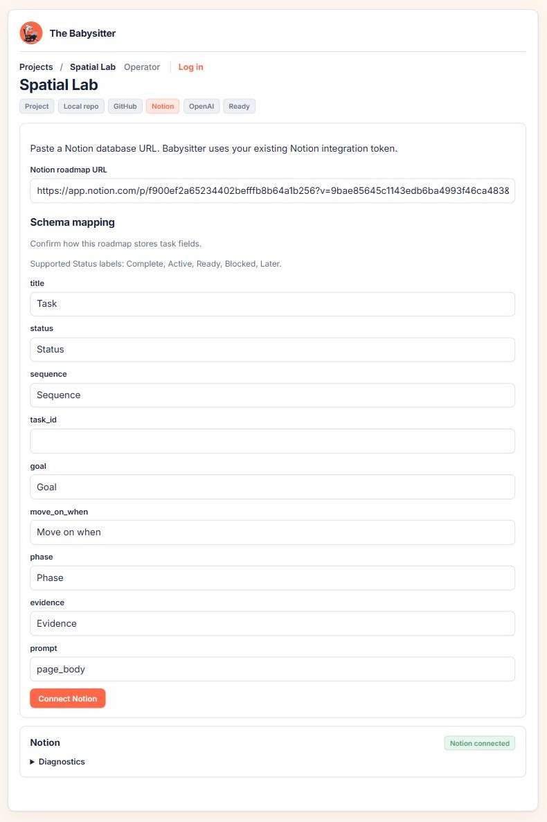 The Babysitter: Connected to the controller — Notion field mapping