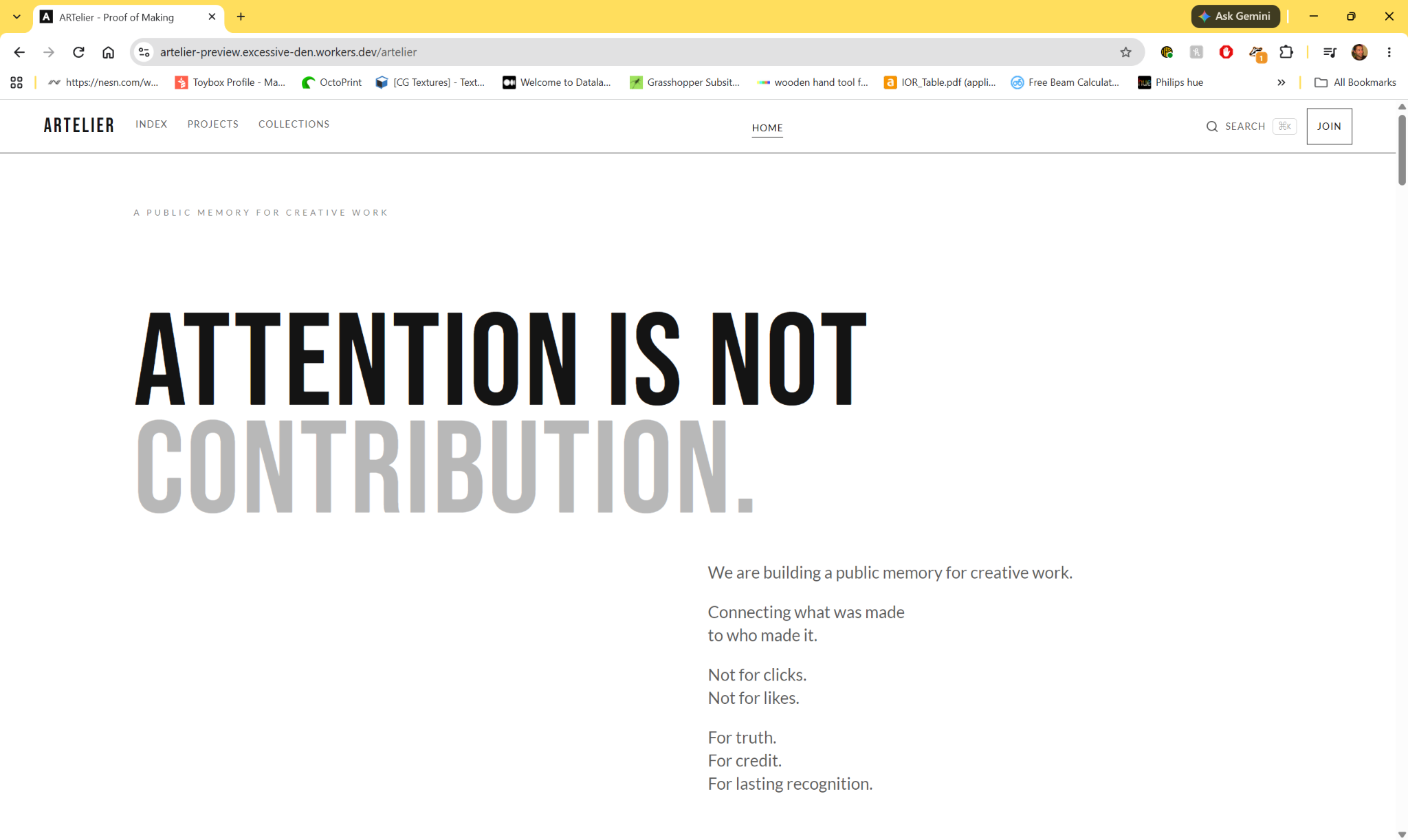 Artelier: Earlier homepage interface