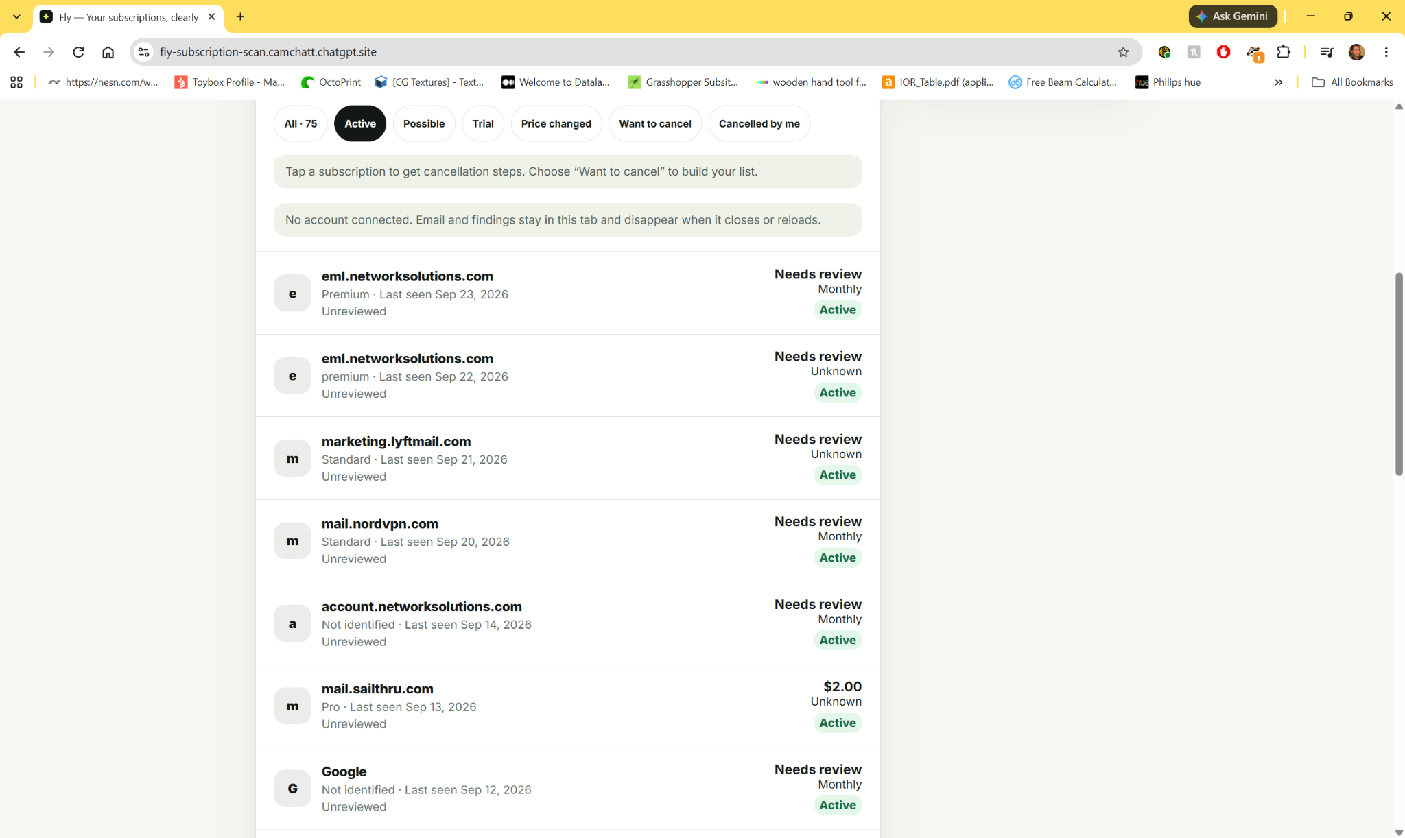 Fly Subscription Scan: Subscription results list