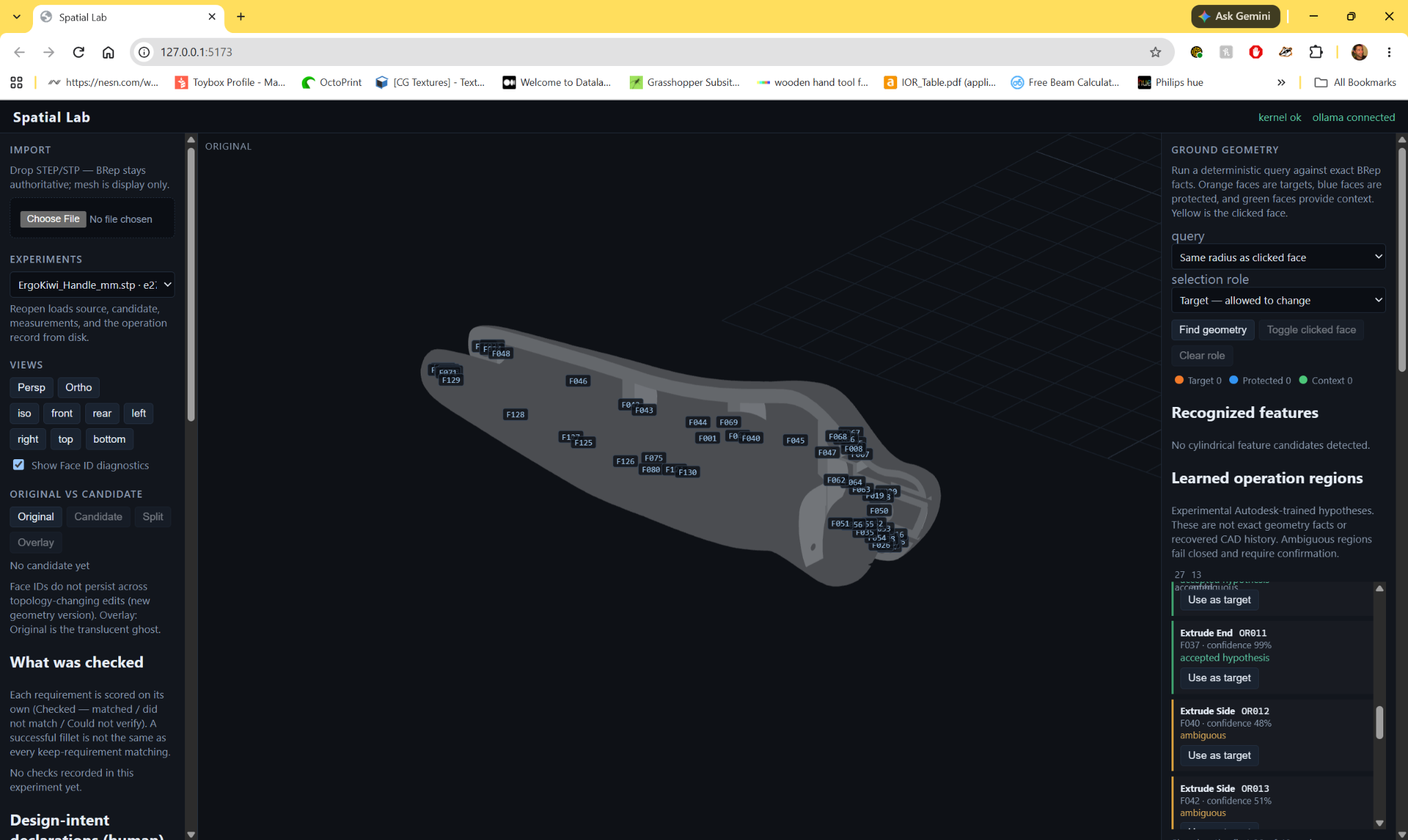 Spatial Lab / Spatial Intelligence: Earlier BRep workspace — Ergokiwi handle investigation
