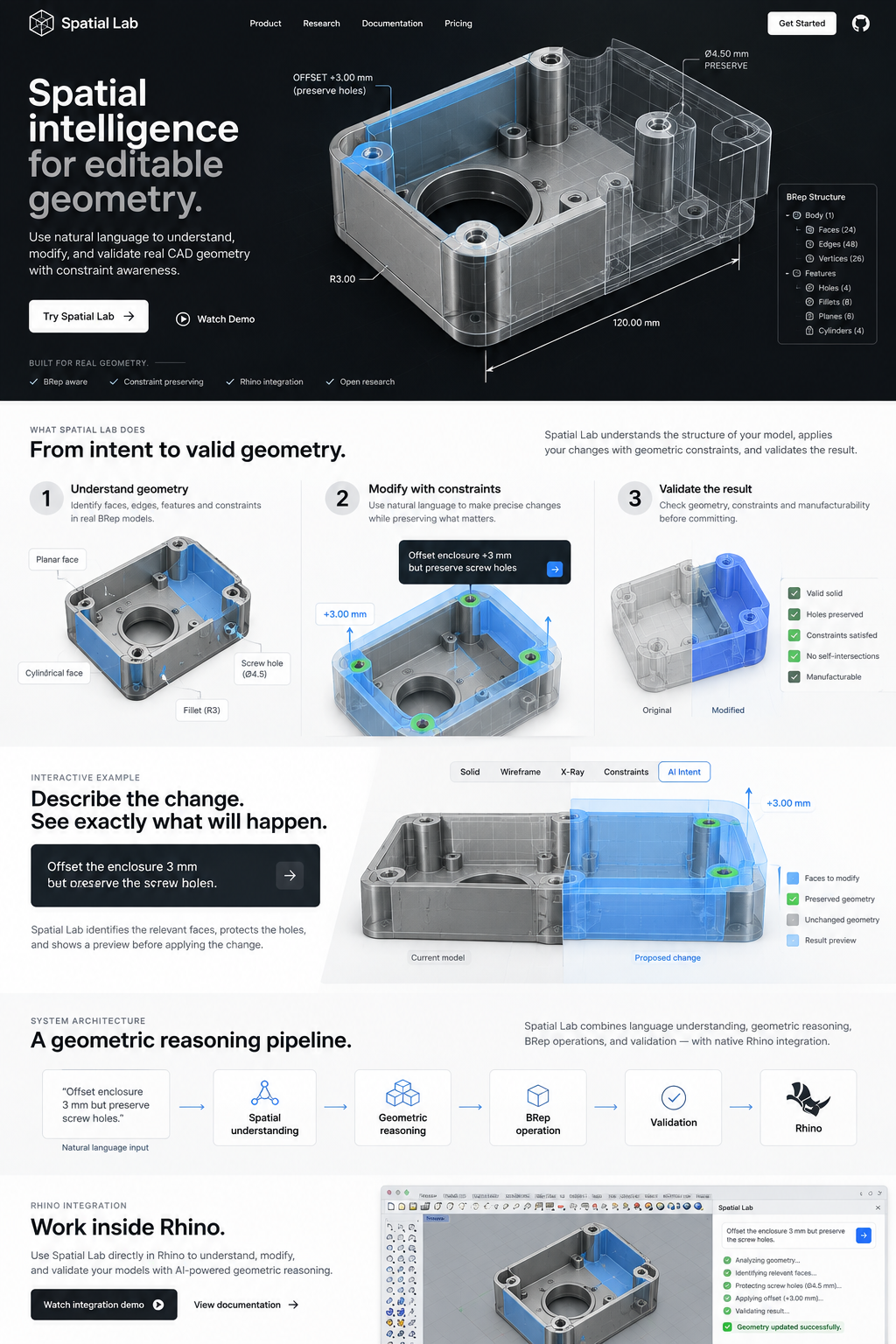 Spatial Lab / Spatial Intelligence: CAD workflow concept — understand, modify, validate